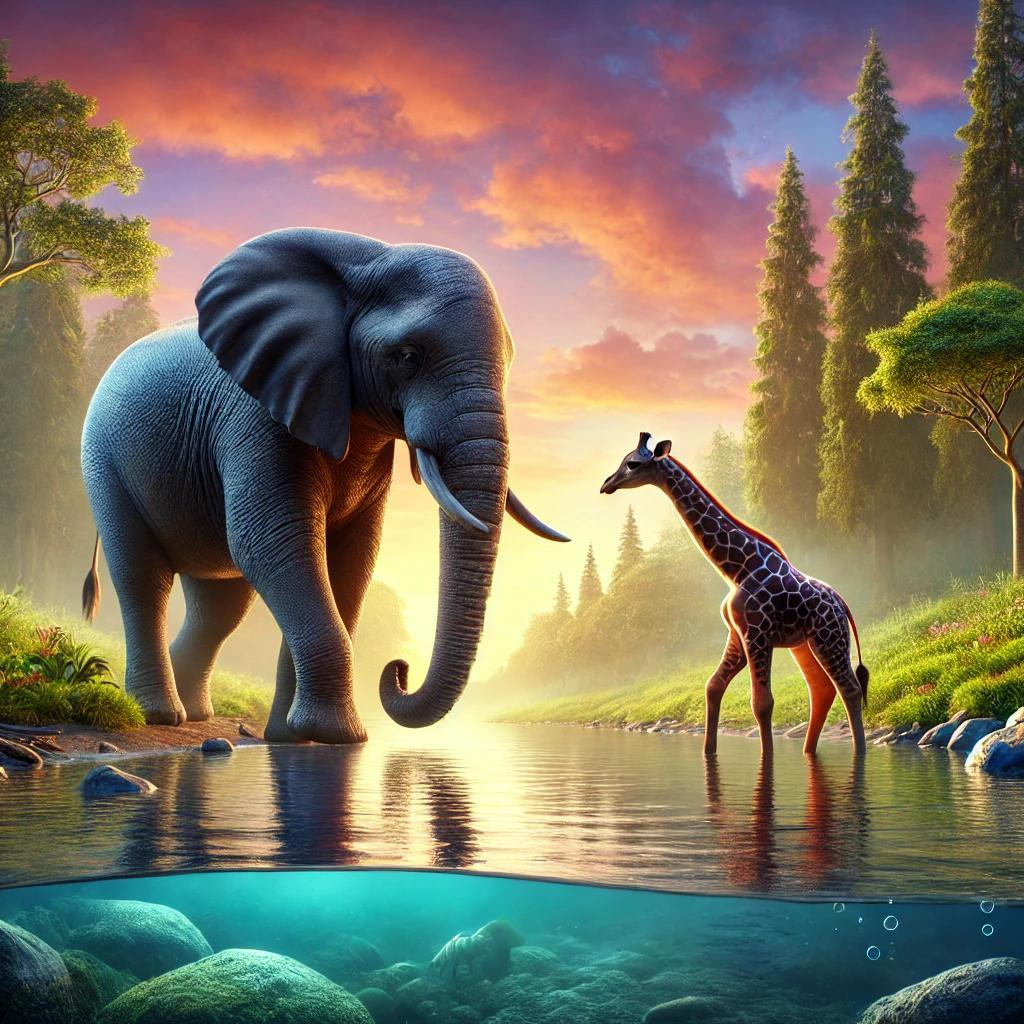 Elephant and giraffe drinking water at a river