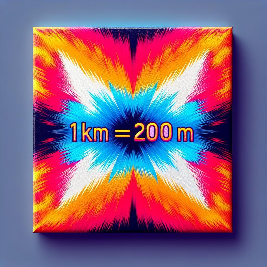 Colorful image showing the text 1 km equals 200 m