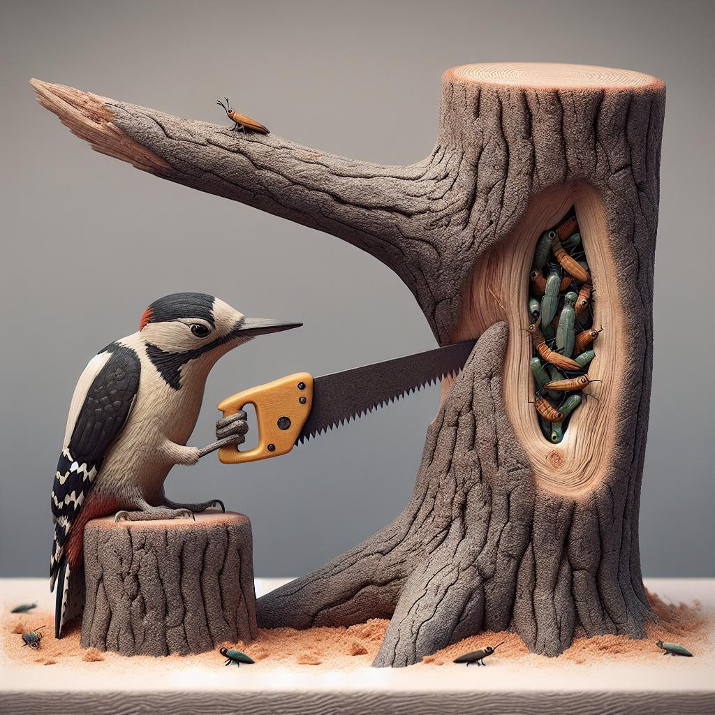 Woodpecker using a hand saw on a tree trunk